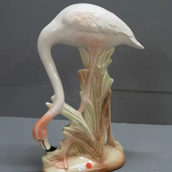 pink flamingo figure with head in reeds - all over crazing to glaze H-390 W-210