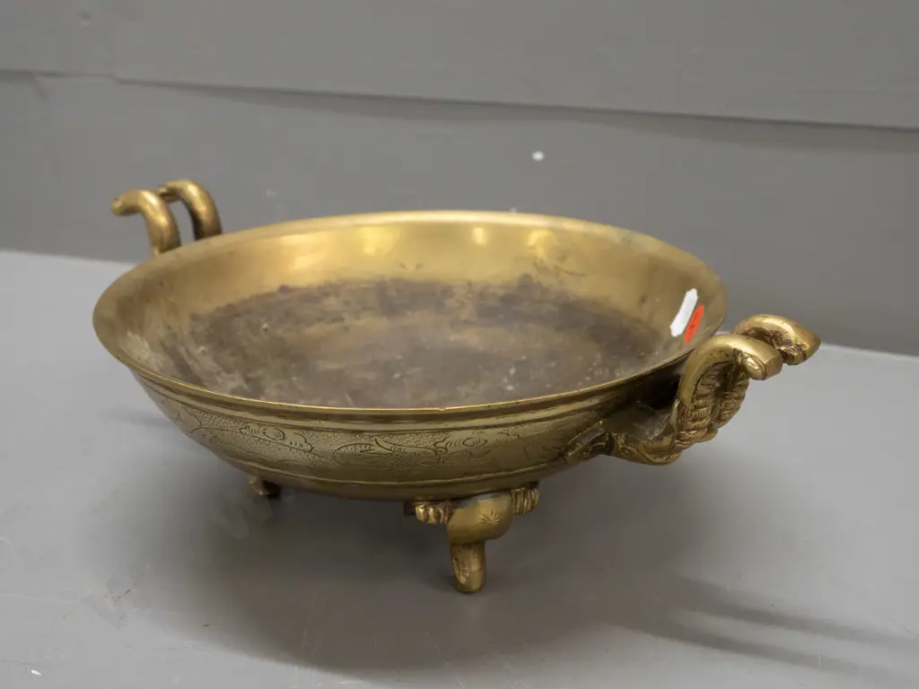 Chinese brass incense bowl with elephant head handles and feet - some discolouration inside H-100 W-290 across handles Image 1++