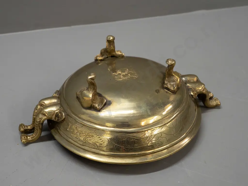 Chinese brass incense bowl with elephant head handles and feet - some discolouration inside H-100 W-290 across handles Image 1++