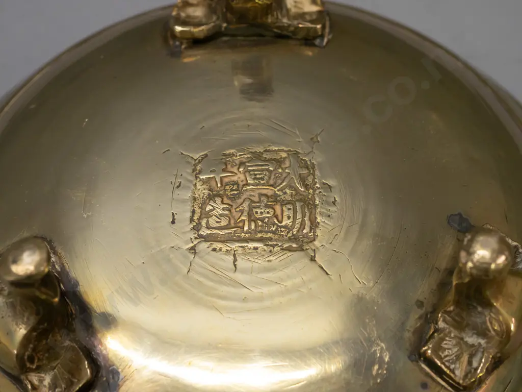 Chinese brass incense bowl with elephant head handles and feet - some discolouration inside H-100 W-290 across handles Image 1++