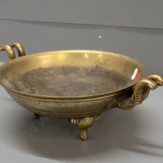 Chinese brass incense bowl with elephant head handles and feet - some discolouration inside H-100 W-290 across handles