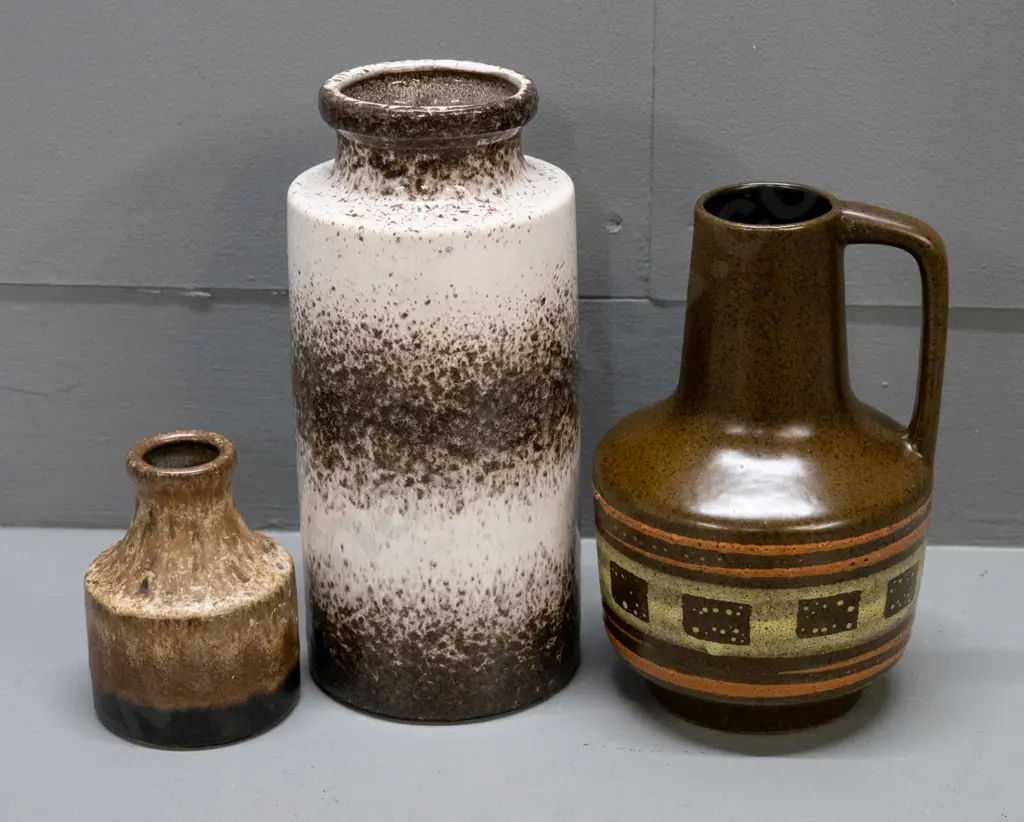 3 German pottery vases, one with handle, tallest w/ banded pattern H-230 Image 1++