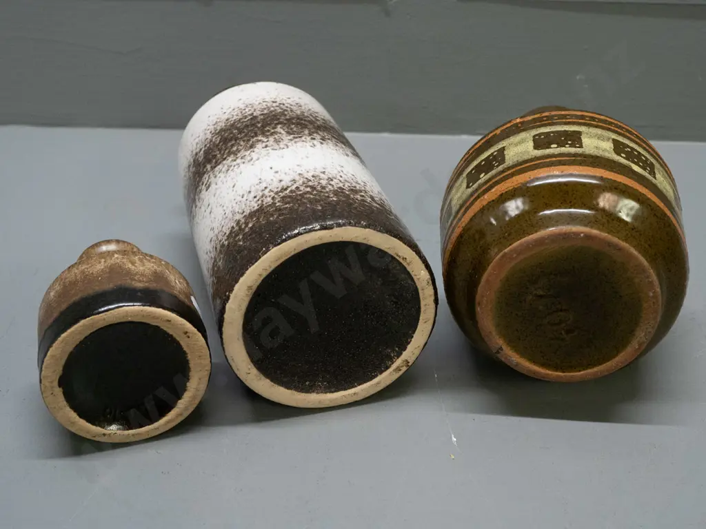 3 German pottery vases, one with handle, tallest w/ banded pattern H-230 Image 1++