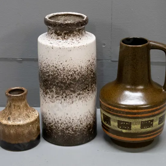 3 German pottery vases, one with handle, tallest w/ banded pattern H-230
