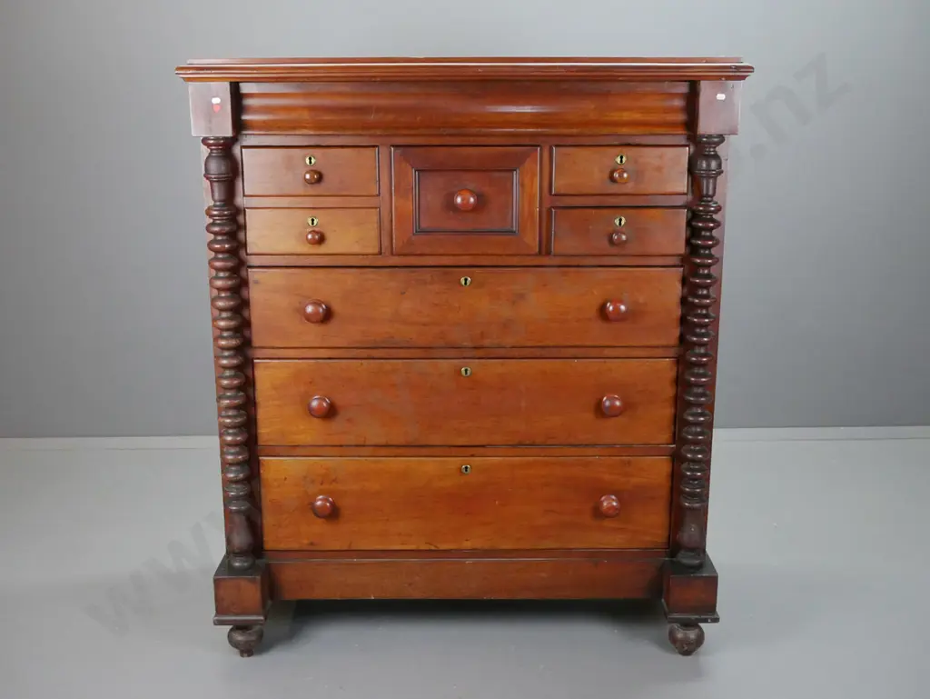 New Zealand colonial cedar with kauri drawer liners full size chest of drawers with turned knobs and bun feet, Image 1++