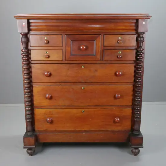 New Zealand colonial cedar with kauri drawer liners full size chest of drawers with turned knobs and bun feet,