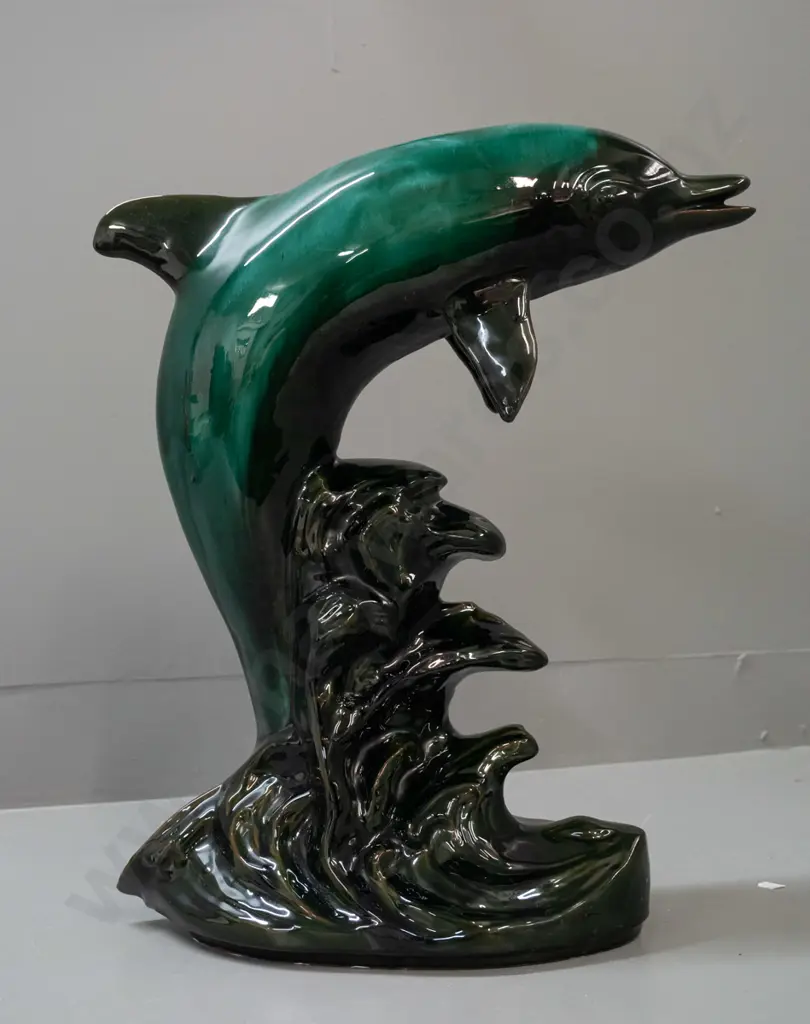 very large Blue Mountain style leaping dolphin on crashing waves figure - scratch on side of dolphin. No maker info. Image 1++