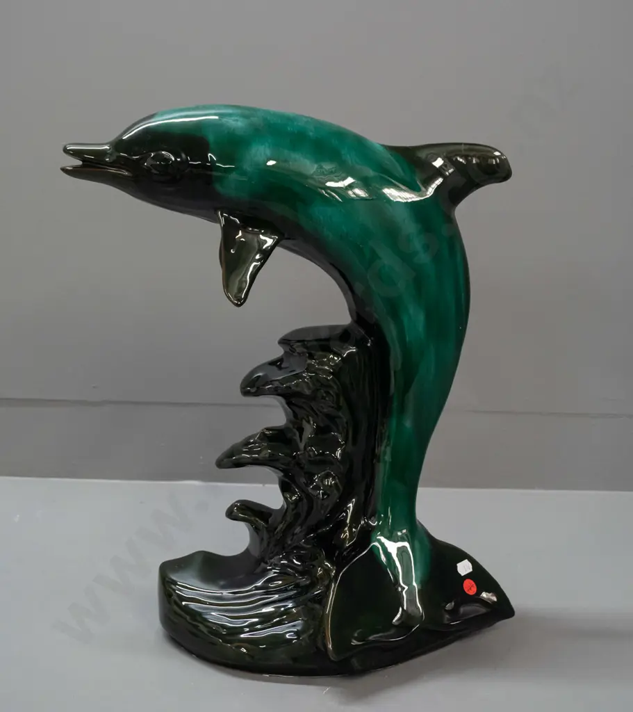 very large Blue Mountain style leaping dolphin on crashing waves figure - scratch on side of dolphin. No maker info. Image 1++