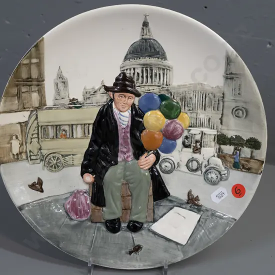 Royal Doulton "Balloon Man" relief-moulded cabinet plate - 1980 re-issue of 1940 design - small fleck to glaze on leg