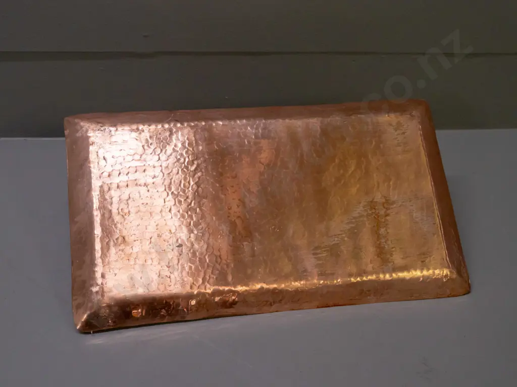 hand-beaten copper small rectangular tray - some cleaner residue and fine scratching. L-350 W-200. Image 1++