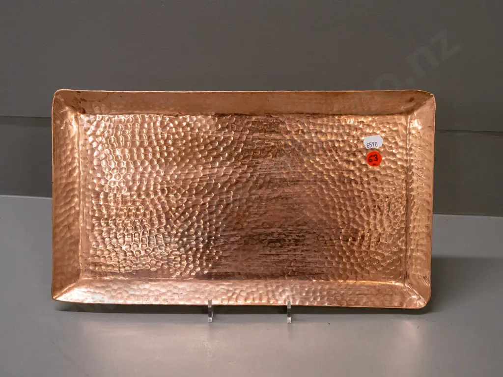 hand-beaten copper small rectangular tray - some cleaner residue and fine scratching. L-350 W-200. Image 1++