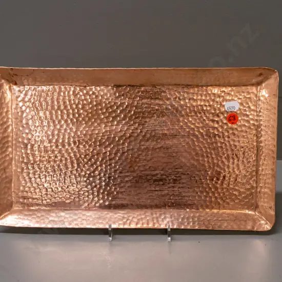 hand-beaten copper small rectangular tray - some cleaner residue and fine scratching. L-350 W-200.