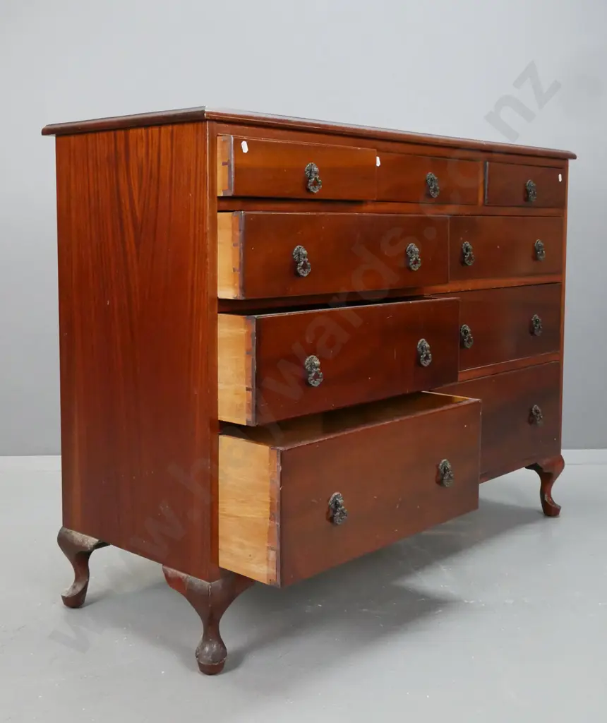 mid-century traditional style mahogany 9-drawer chest with brass drop handles, on cabriolet feet - some chipping and Image 1++