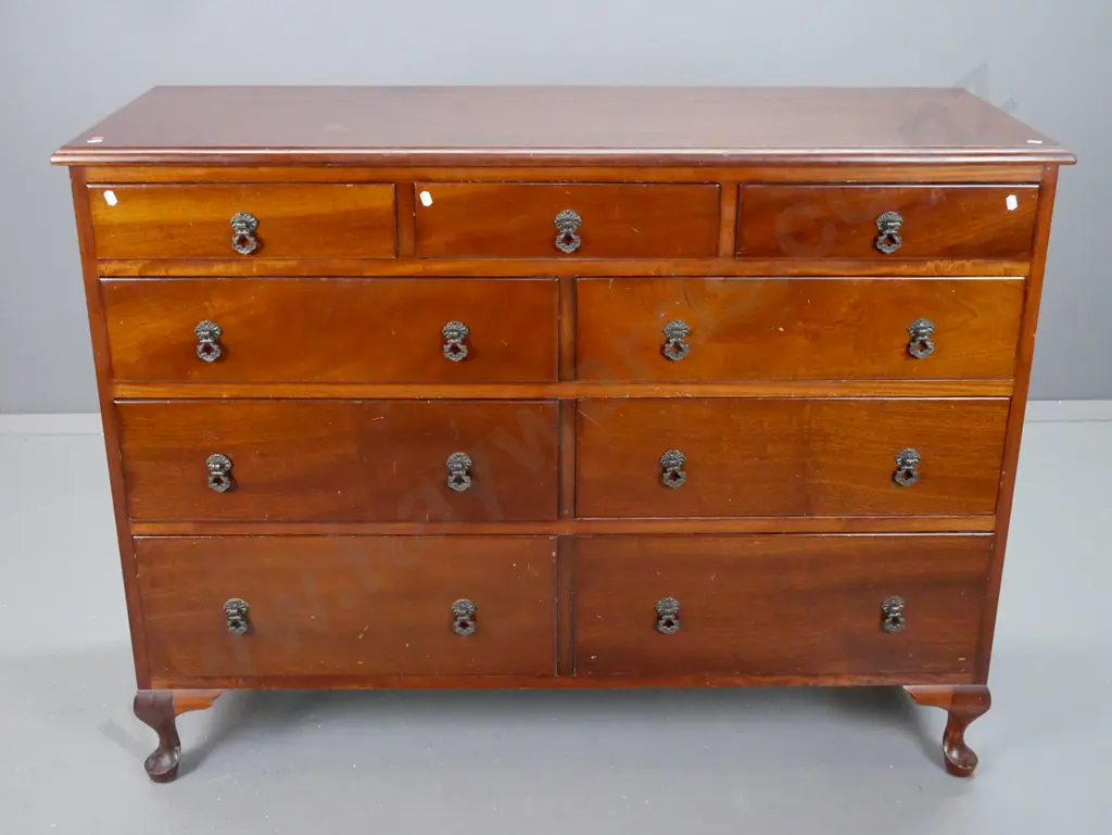 mid-century traditional style mahogany 9-drawer chest with brass drop handles, on cabriolet feet - some chipping and Image 1++
