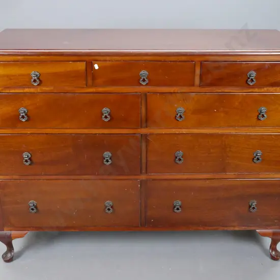 mid-century traditional style mahogany 9-drawer chest with brass drop handles, on cabriolet feet - some chipping and