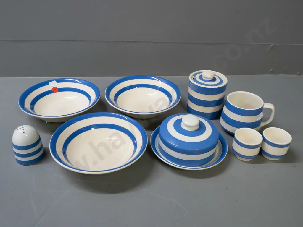 assorted blue & white Cornish Ware, larger pieces all marked T.G. Green, plus unmarked egg cups and pepper - crazing and Image 1++