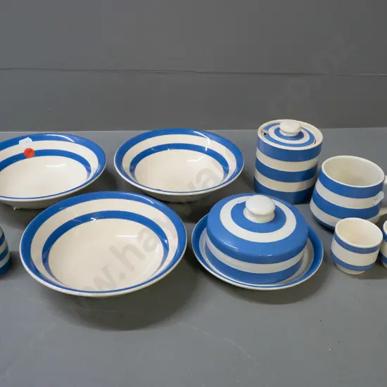 assorted blue & white Cornish Ware, larger pieces all marked T.G. Green, plus unmarked egg cups and pepper - crazing and