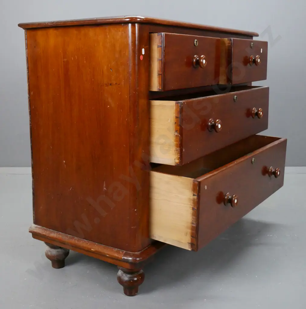 New Zealand colonial dark stained kauri 4-drawer round cornered chest, turned knobs with white ceramic inserts, brass Image 1++