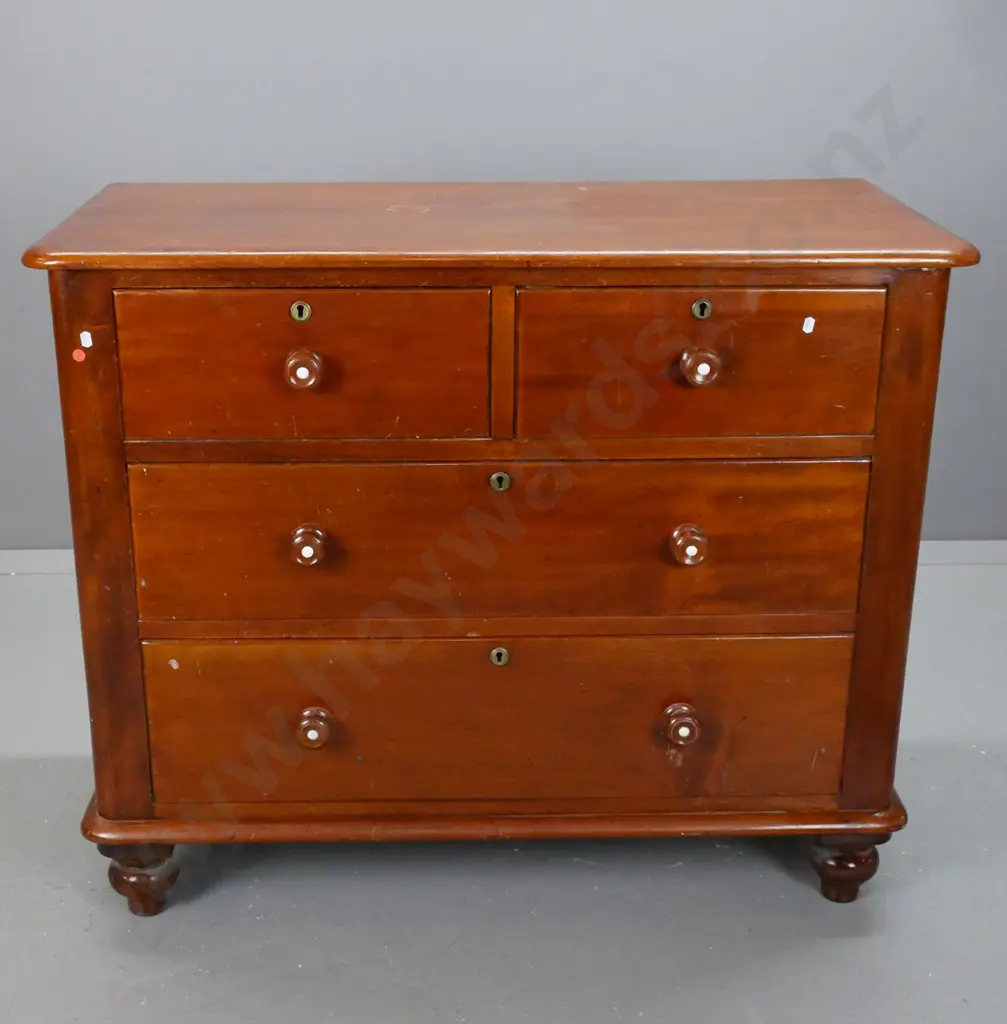 New Zealand colonial dark stained kauri 4-drawer round cornered chest, turned knobs with white ceramic inserts, brass Image 1++