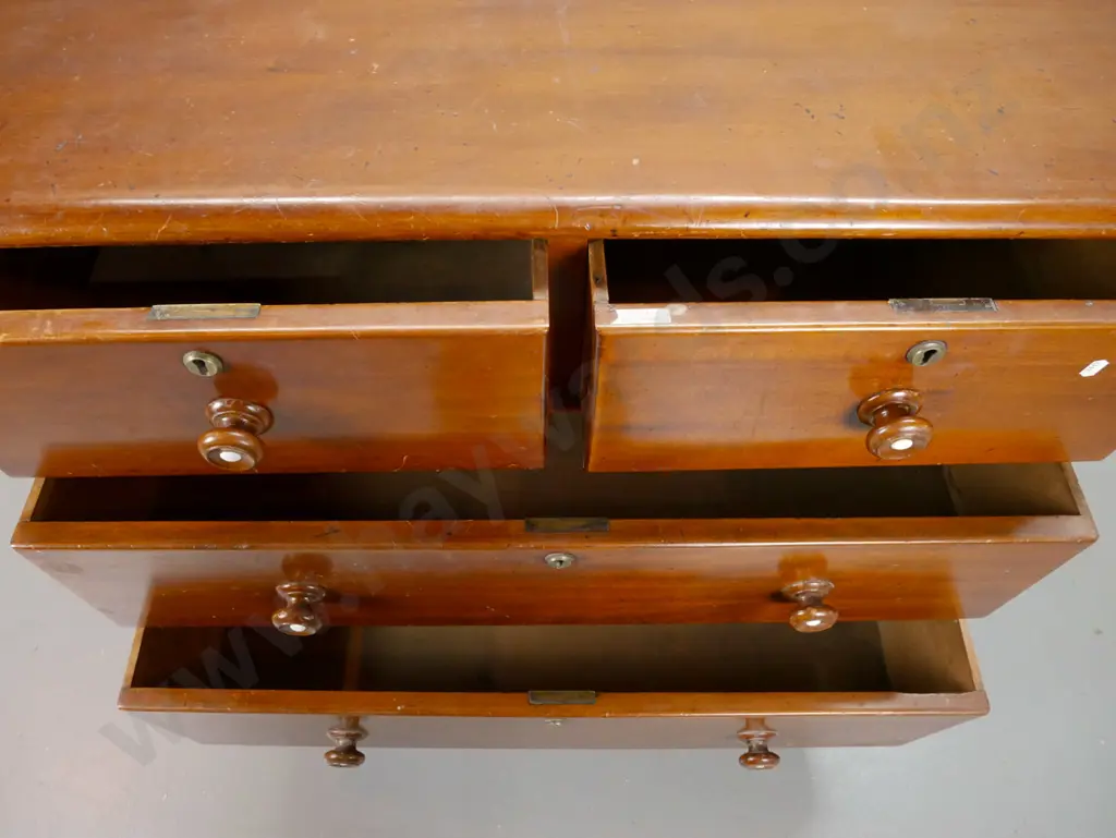 New Zealand colonial dark stained kauri 4-drawer round cornered chest, turned knobs with white ceramic inserts, brass Image 1++