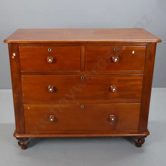 New Zealand colonial dark stained kauri 4-drawer round cornered chest, turned knobs with white ceramic inserts, brass