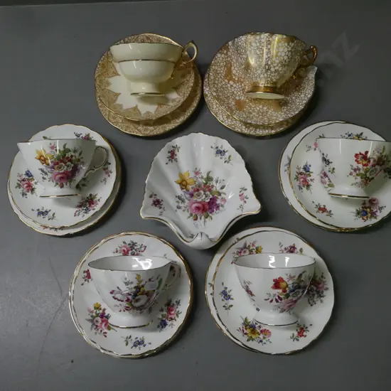 selection of six Hammersley trios and scallop-shell trinket dish