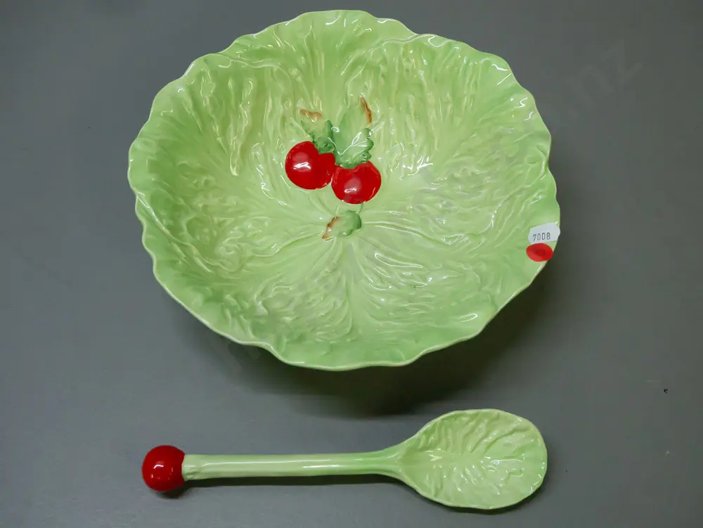 Carlton Ware cabbage-themed salad serving bowl w/ red tomato accent & one serving spoon with tomato-shaped handle. H-70 Image 1++