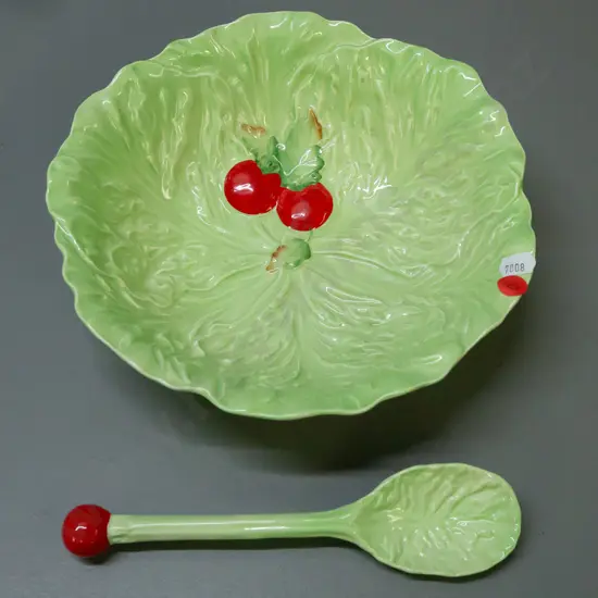Carlton Ware cabbage-themed salad serving bowl w/ red tomato accent & one serving spoon with tomato-shaped handle. H-70