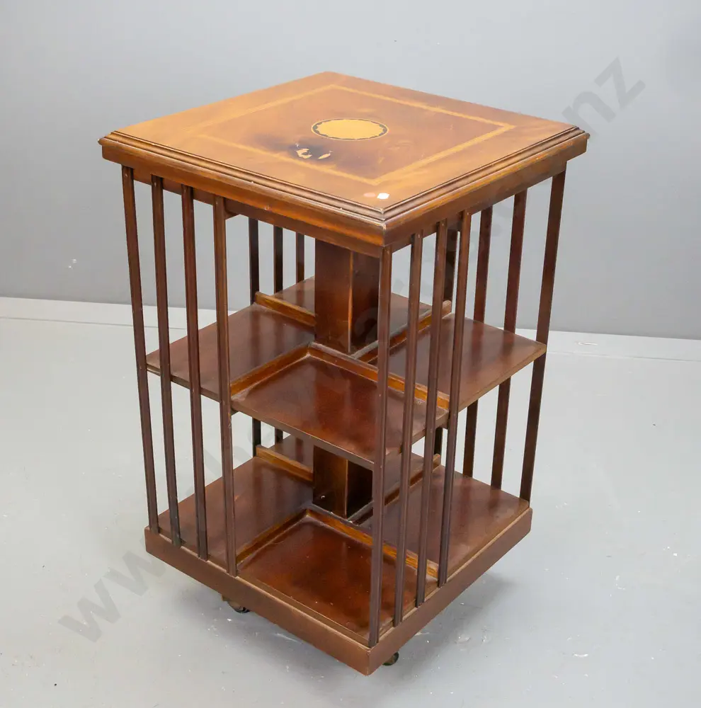 reproduction Sheraton revival style revolving bookcase with mahogany veneer, boxwood & ebony inlay in top - some damage Image 1++