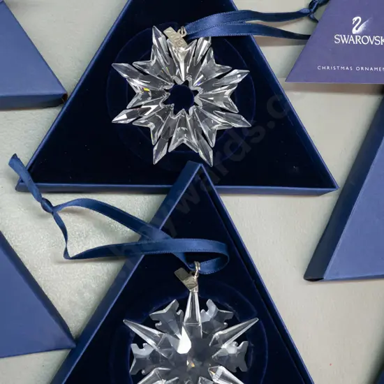 2 boxed Swarovski crystal Christmas snowflake ornaments in original boxes - 2002 and 2003