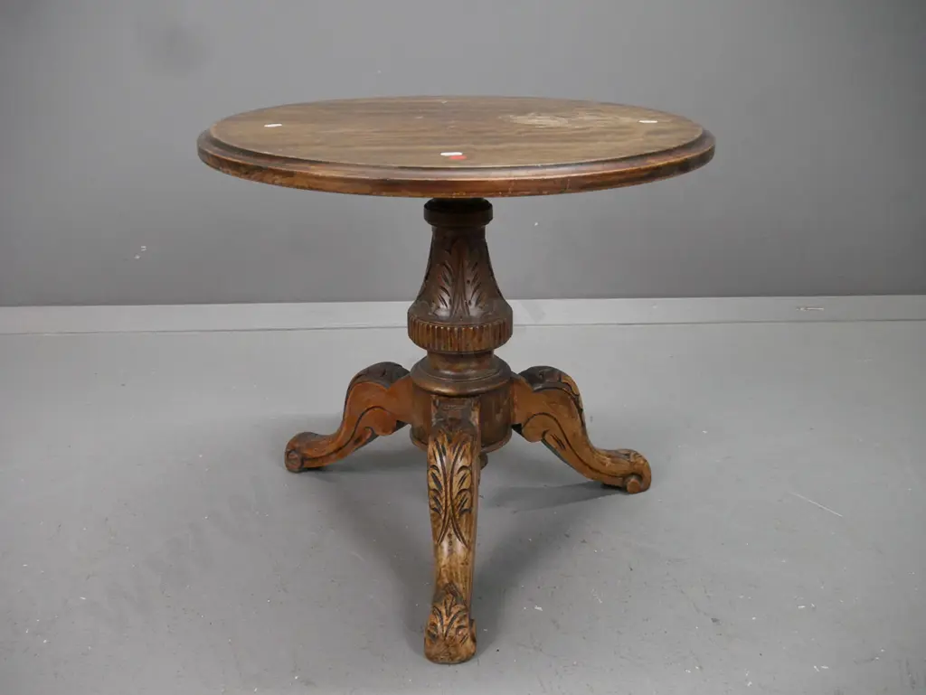Victorian circular side table in mixed timbers with mahogany top, turned & carved column base on 3 sweeping carved feet. Image 1++