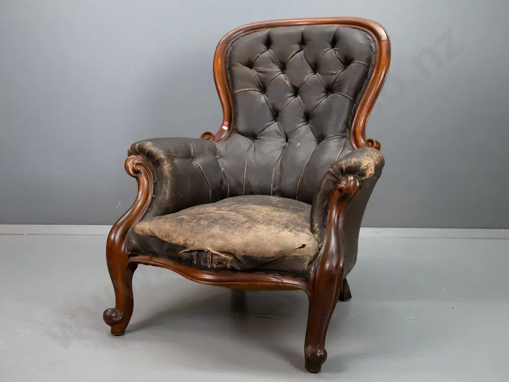Victorian mahogany cab-leg armchair with carved sweeping arm support and back, buckram deep-button and pleated back, Image 1++