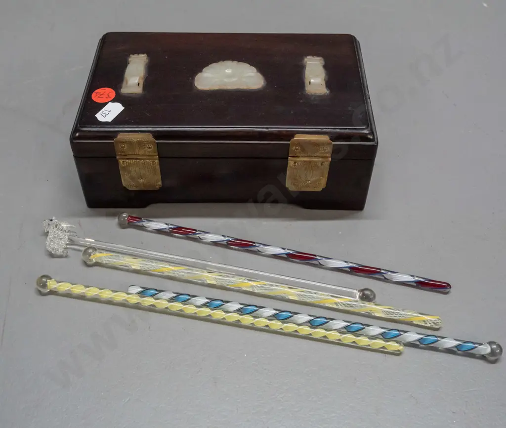 small lidded rosewood box with mother of pearl decorations, some twisted glass swizzle sticks, one with sheep, and cased Image 1++