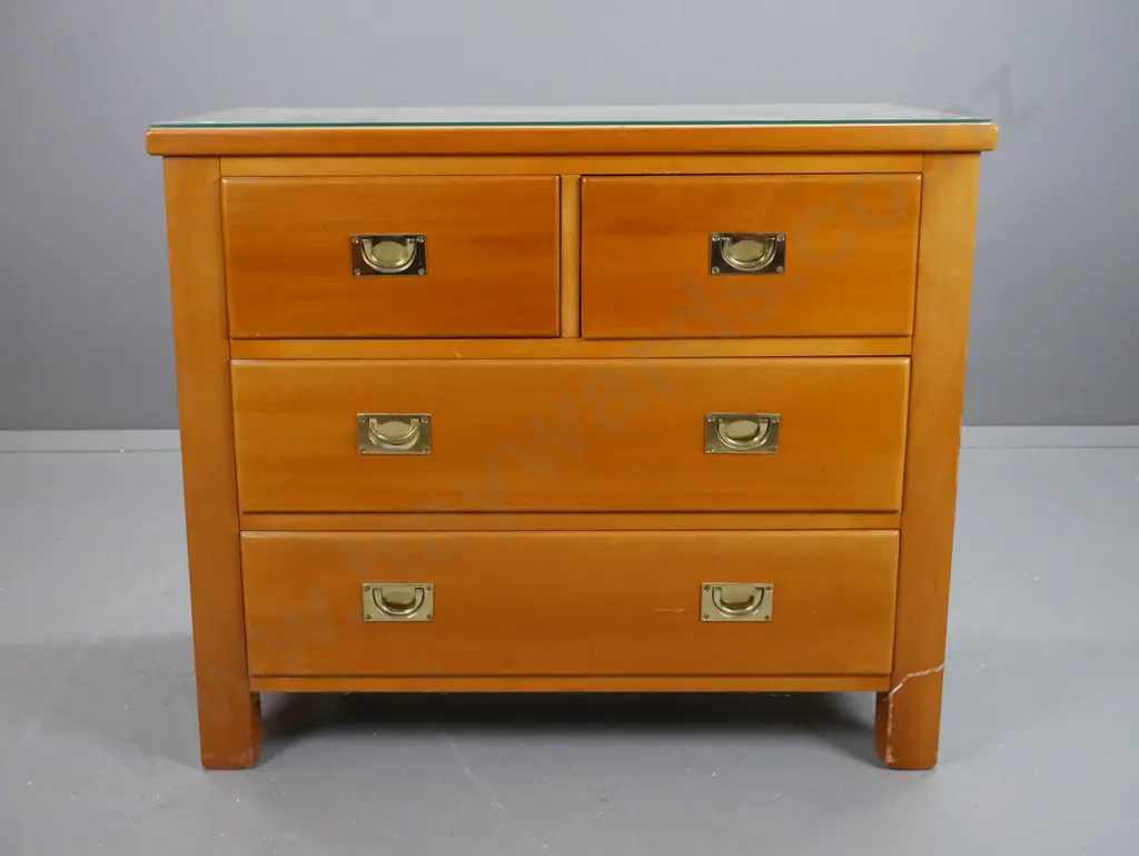 New Zealand made colonial style chest of 4 drawers with brass inset campaign style handles, Image 1++