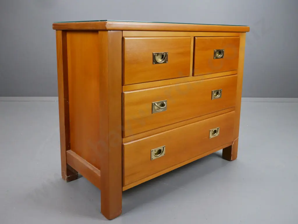 New Zealand made colonial style chest of 4 drawers with brass inset campaign style handles, Image 1++