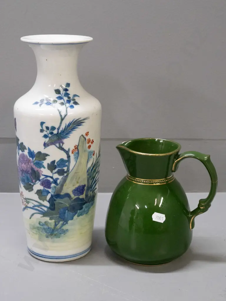 green Lovatt Langley Ware jug with gilt decoration and a Chinese vase on carved wooden stand - vase alone H-310 Image 1++
