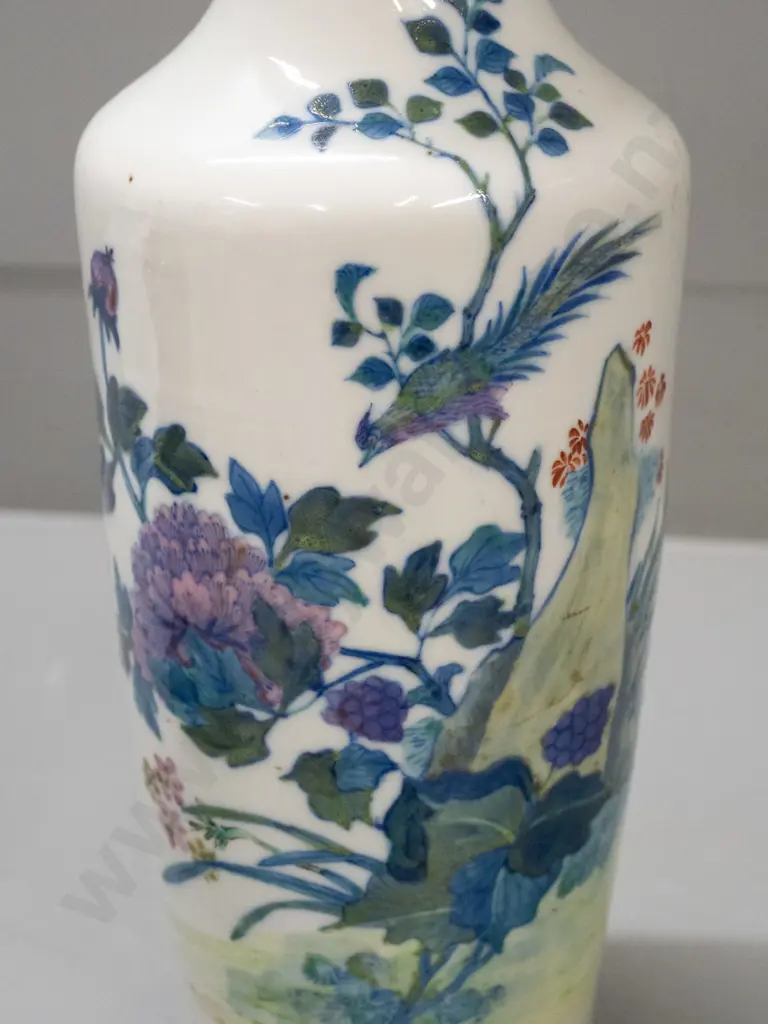 green Lovatt Langley Ware jug with gilt decoration and a Chinese vase on carved wooden stand - vase alone H-310 Image 1++