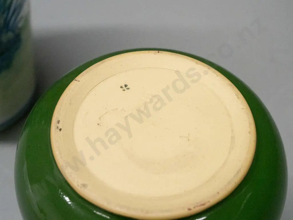 green Lovatt Langley Ware jug with gilt decoration and a Chinese vase on carved wooden stand - vase alone H-310 Image 1++