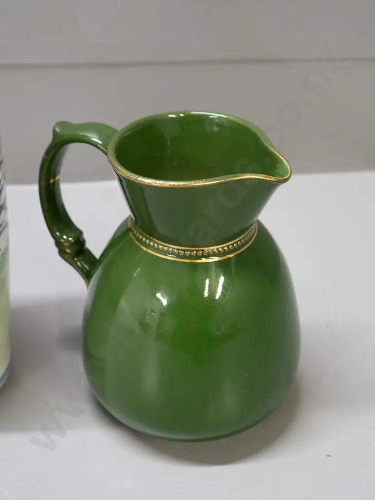 green Lovatt Langley Ware jug with gilt decoration and a Chinese vase on carved wooden stand - vase alone H-310 Image 1++