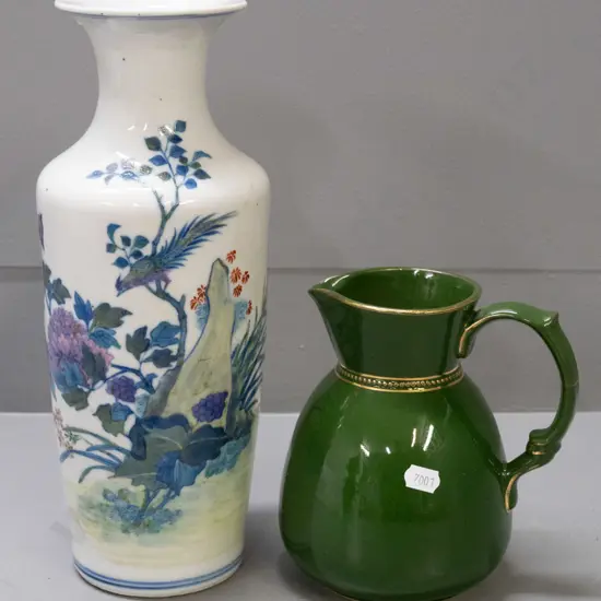 green Lovatt Langley Ware jug with gilt decoration and a Chinese vase on carved wooden stand - vase alone H-310