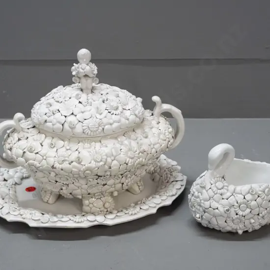 Italian porcelain lidded tureen with tray and small swan vase, marked A.Z. (Antonio Zen) Nove on base, encrusted in fine