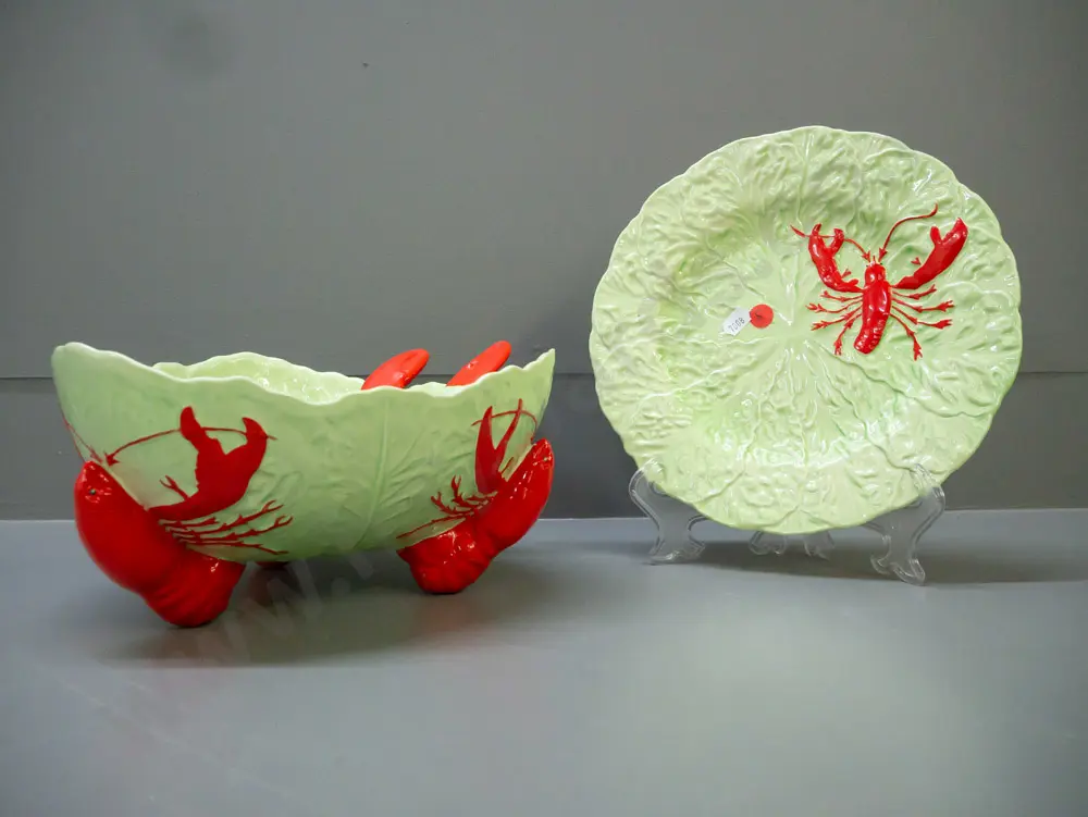 Carlton Ware Majorca-style ceramic salad bowl w/ lobster-shaped feet & server set w/ lobster claw-shaped handles Image 1++