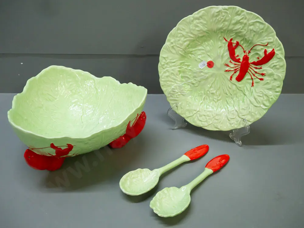 Carlton Ware Majorca-style ceramic salad bowl w/ lobster-shaped feet & server set w/ lobster claw-shaped handles Image 1++