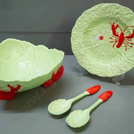 Carlton Ware Majorca-style ceramic salad bowl w/ lobster-shaped feet & server set w/ lobster claw-shaped handles