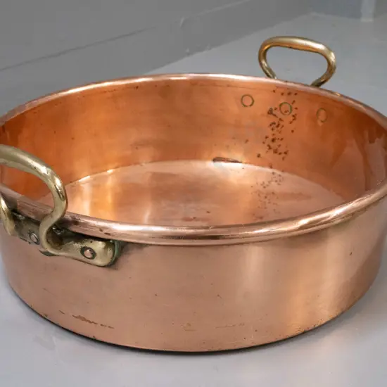 very large vintage heavy copper jam pan with brass handles, no maker's marks - some discolouration inside H-200 D-480
