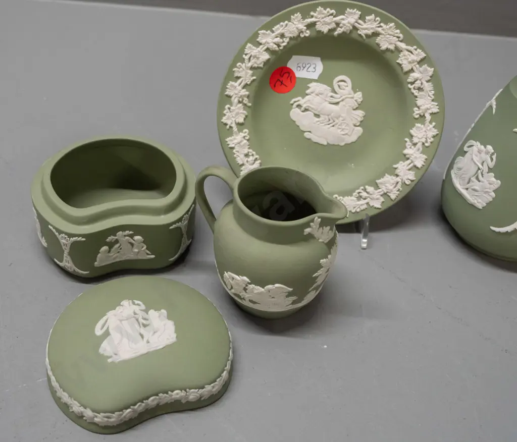 Wedgwood Jasperware green and white items - vase H-120, lidded canister, small jug and a dish Image 1++
