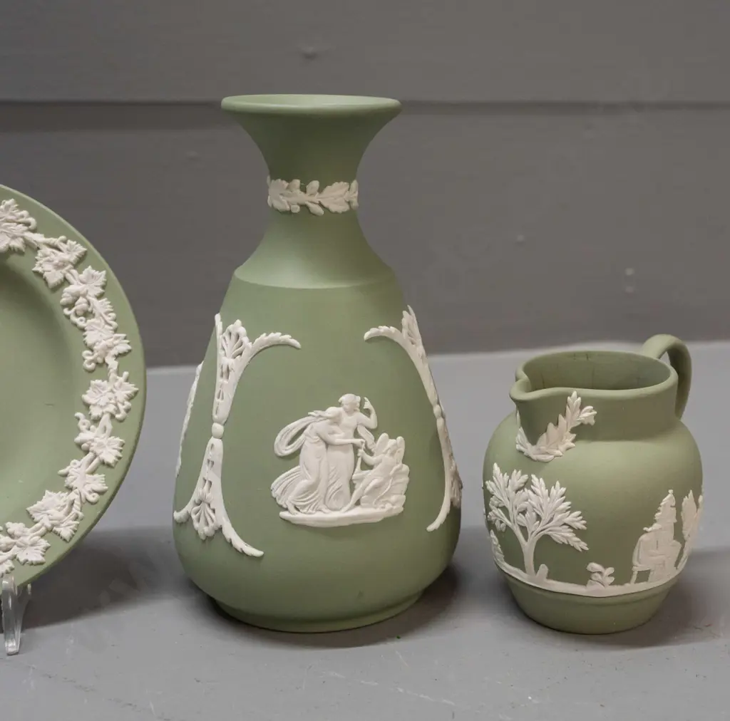 Wedgwood Jasperware green and white items - vase H-120, lidded canister, small jug and a dish Image 1++
