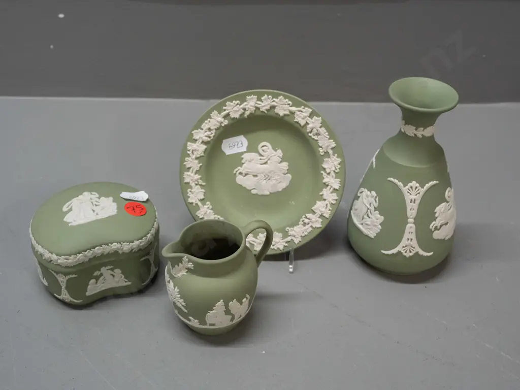 Wedgwood Jasperware green and white items - vase H-120, lidded canister, small jug and a dish Image 1++