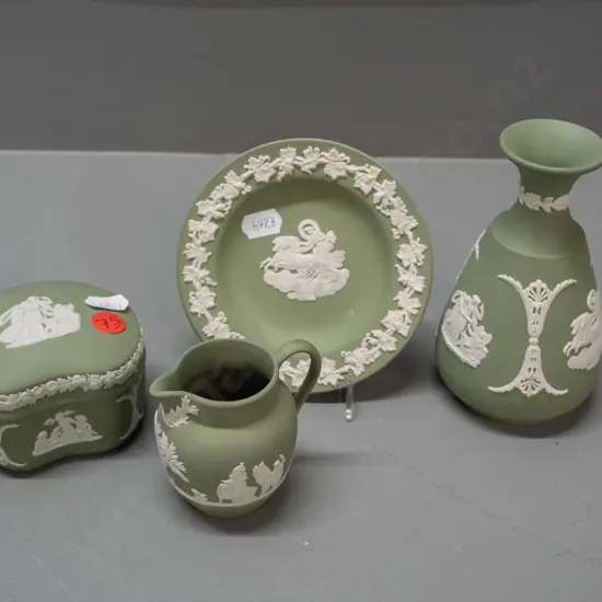 Wedgwood Jasperware green and white items - vase H-120, lidded canister, small jug and a dish