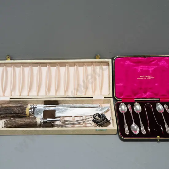 2 cased Sheffield plated cutlery sets - antler handled carving set and set of 6 teaspoons with sugar tongs - wear and